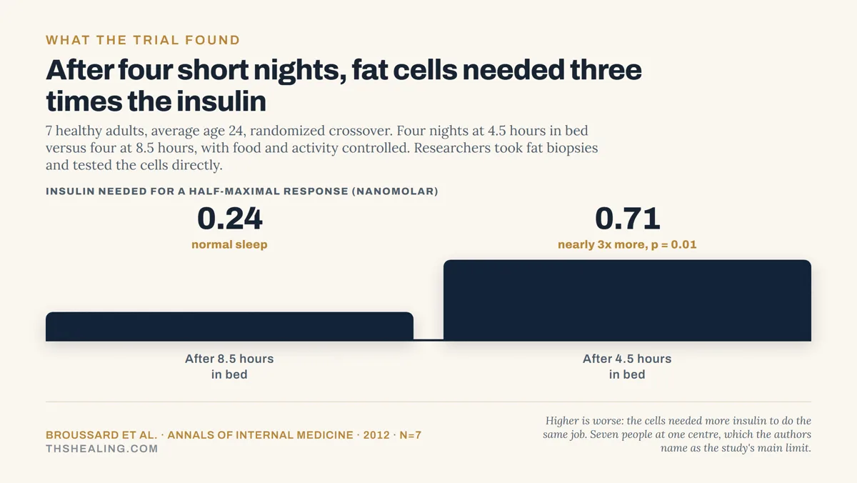 Bar chart showing fat cells needed 0.24 nanomolar insulin for a half-maximal response after normal sleep and 0.71 after four short nights